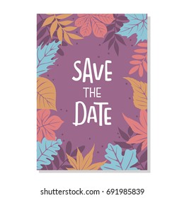 autumn fall leaves foliage border save the date wedding invitation background template with handwritten lettering text