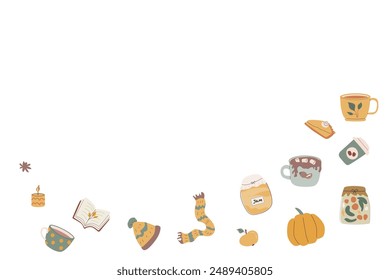 Autumn fall leaves frame or border for seasonal holidays, harvest elements background. Cute celebration design in hand drawn style.