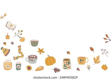 Autumn fall leaves frame or border for seasonal holidays, harvest elements background. Cute celebration design in hand drawn style.