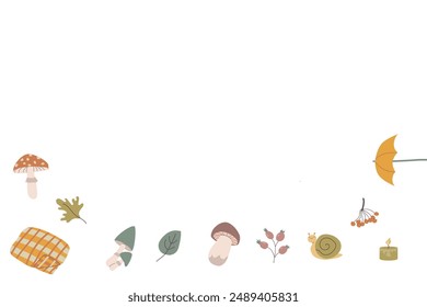 Autumn fall leaves frame or border for seasonal holidays, harvest elements background. Cute celebration design in hand drawn style.