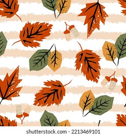 Autumn Fall Leaves on Pastel Stripe Vector Seamless Pattern