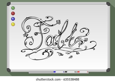 Autumn. Fall lettering. Hand drawn vector stock illustration. Black and white whiteboard drawing.