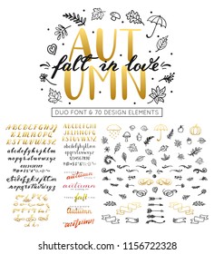 Autumn Fall In Love - Duo Lettering Font Isolated On White Background. Brush Painted Alphabet With Ligatures. Vector ABC With Decoration Design Hand Drawn Elements.