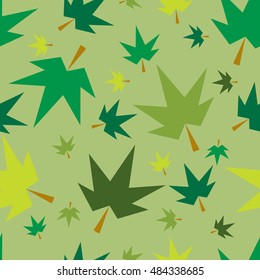 Autumn fall maple leaves seamless pattern background. Green. For fabric or textile or gift wrapping.