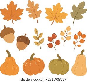 Autumn Fall Nature Elements Vector Clipart Set with Pumpkins and Leaves