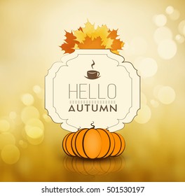 Autumn Fall Orange Background With Maple Leafs, Ripe Pumpkins And Text