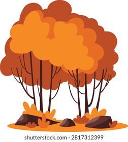 Autumn fall orange forest tree grove with rocks vector illustration