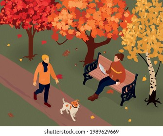 Autumn fall outdoor activities isometric composition with sitting reading on bench dog walking in park vector illustration 