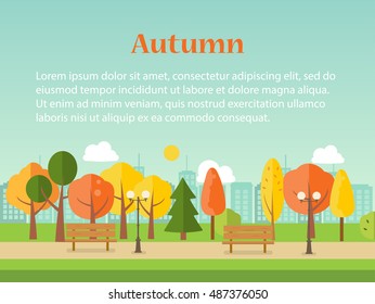 Autumn or fall park background with bench and street lamps, vector illustration