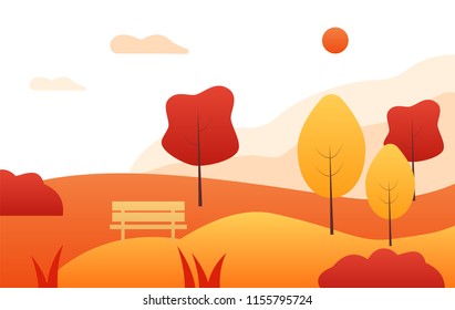 Autumn or Fall  park background template with hills, trees, bushes, grass, bench and copy space. Can be used for web page, print, poster. Vector illustration