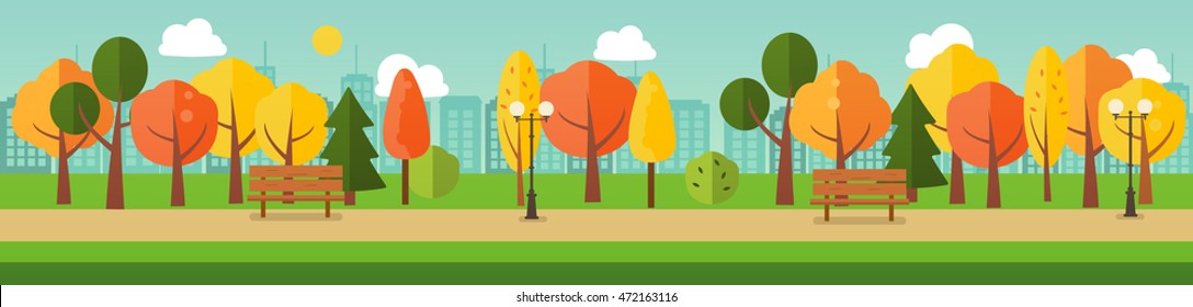 Autumn Or Fall Park Panorama With Yellow And Orange Trees, Benches, Path, City Silhouette, Vector Banner