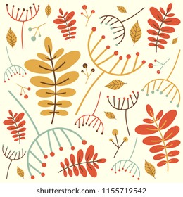 Autumn fall pattern with leaves and small branches. Orange, Red, Yellow and Green. 