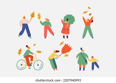 Autumn, fall people outdoor. Outdoor people flat vector set isolated on white background