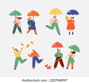 Autumn, fall people outdoor. Outdoor people flat vector set isolated on white background