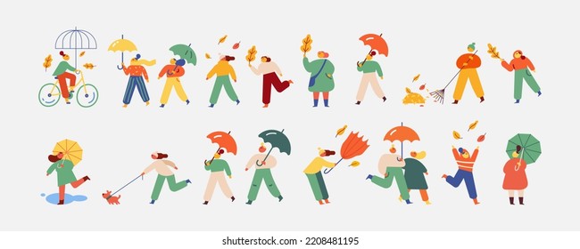 Autumn, fall people outdoor. Outdoor people flat vector set isolated on white background