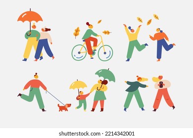 Autumn, fall people outdoor. Outdoor people flat vector set isolated on white background