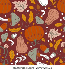 Autumn Fall Pumpkins and Botanicals Vector Seamless Pattern