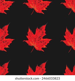 Autumn or fall red maple leaf seamless pattern in grid