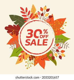 Autumn or Fall sale banner or badge with leaf frame. 30 percent price off. Foliage discount design. Vector illustration.