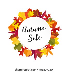 Autumn, fall sale banner with colorful leaves. Modern flat design. Isolated vector illustration.