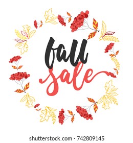 Autumn Fall Sale - hand drawn latin lettering quote with wreath from leaves isolated on the white background. Fun brush ink inscription for greeting card or poster design