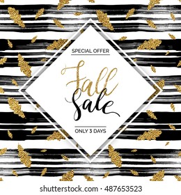 Autumn fall sale vector text on gold autumn leaves seamless pattern on striped background, special offer autumn sale, golden shiny autumnal text for card, poster, banner, print,