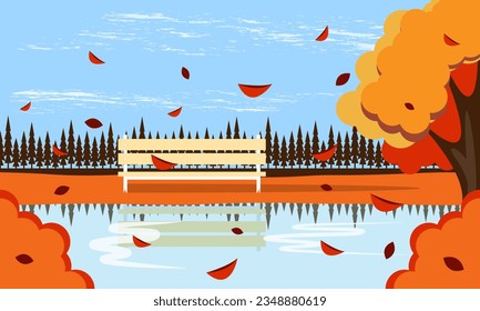 Autumn Fall Scene with bench by the river