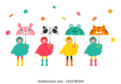 Autumn, fall scene with various cute kids, boys and girls in colorful raincoats having fun, playing with autumn leaves, holding funny umbrellas.