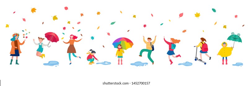 Autumn, fall scene with various cute people, families and children having fun, playing with autumn leaves and jumping with an umbrellas. Crowd of tiny men, children and women under rain.