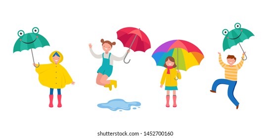 Autumn, fall scene with various cute people, families and children having fun, playing with autumn leaves and jumping with an umbrellas. Crowd of tiny men, children and women under rain. Colorful
