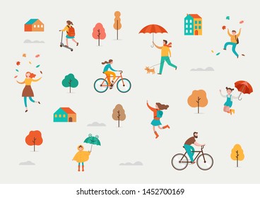 Autumn, fall scene with various cute people, families and children having fun, playing with autumn leaves and jumping with an umbrellas. Crowd of tiny men, children and women under rain.
