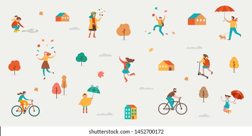 Autumn, fall scene with various cute people, families and children having fun, playing with autumn leaves and jumping with an umbrellas. Crowd of tiny men, children and women under rain.