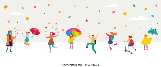 Autumn, fall scene with various cute people, families and children having fun, playing with autumn leaves and jumping with an umbrellas. Crowd of tiny men, children and women under rain. Colorful