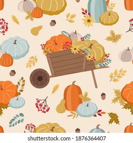 Autumn Fall Seamless pattern background with hand drawn florals,pumpkins. Repeating background for wrapping paper, fabric,textile, stationary products decoration.