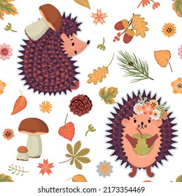 Autumn fall seamless pattern with cartoon hedgehogs,apple, mushrooms, pine cone, acorns ,flowers and  leaves.Colorful background and texture for printing on fabric and paper.Vector  illustration.