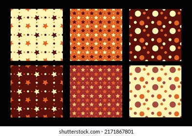 Autumn fall seamless pattern with different Set of trendy Polka Dots and Star. Autumnal collection of background with decorative seamless patterns.