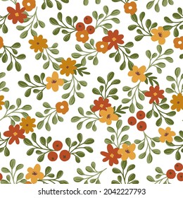 Autumn Fall Seamless pattern with hand drawn vector fall leaves and flowers clipart in scandinavian style. Digital paper, seamless background texture for textile, fabric, wallpaper