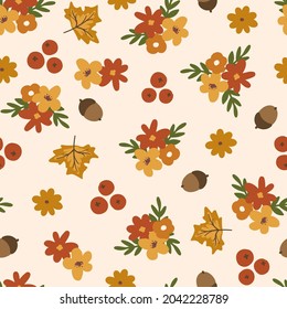 Autumn Fall Seamless pattern with hand drawn vector fall leaves and flowers clipart in scandinavian style. Digital paper, seamless background texture for textile, fabric, wallpaper