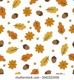 Autumn Fall Seamless pattern with hand drawn vector fall leaves and flowers clipart in scandinavian style. Digital paper, seamless background texture for textile, fabric, wallpaper