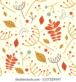 Autumn fall seamless pattern with leaves and small branches. Orange, Red, Yellow and Green. Perfect for wallpaper, gift paper, web page background, greeting cards.