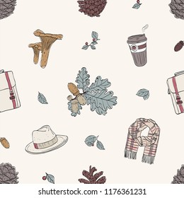 Autumn fall seamless pattern vector cartoon vintage coffee backpack scarf mushroom leaves foliage hat bump pine forest cozy mood nature sketch cold