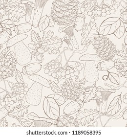 Autumn fall seamless pattern vector sketch style pine cone mushrooms foliage leaves acorn berries forest plant hand drawn 