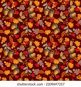 Autumn and fall seamless pattern or wallpaper, red berry, autumn leaves and acorn.