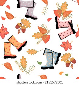 Autumn fall seamless repeat pattern with waterproof boots.Various leaves, acorns and shoes isolated on white. Background and texture for printing on fabric and paper.Vector flat cartoon illustration.