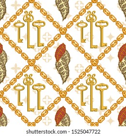 Autumn fall. Seamless vector pattern with golden chains, keys and leaves. Template for textile design, cards, gift wrappings and wallpaper. On white background.