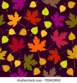 Autumn fall. Seamless vector pattern with white birch and maple leaves. 1950s-1960s motifs. Retro textile collection. On purple background.