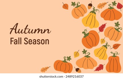 Autumn fall season. Background with pumpkins and leaves. Vector autumn illustration for banners, web design, splash screen, advertising