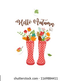 Autumn, Fall Season Background, Rain Rubber Boots With Autumn Leaves And Flowers, Scarf And Umbrella, Vector Illustration