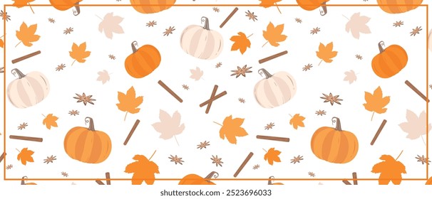 Autumn and fall season banner template. Cinnamon sticks, vanilla flowers dry leaves and pumpkins texture. Decorative ornamental holiday and autumn elements Hello Autumn. Ttile bar or signboard design.