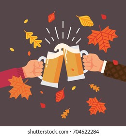 Autumn or fall season beer festival concept illustration with autumn leaves, beer colliding and spilling out with foam. Vector flat design illustration on hands holding beer cheering and celebrating